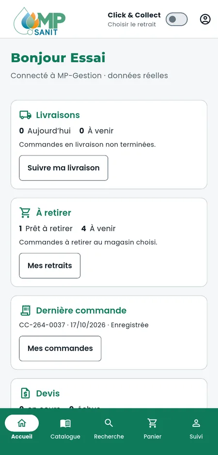 Capture de MP-Sanit One : l’accueil avec livraisons, retraits et commandes